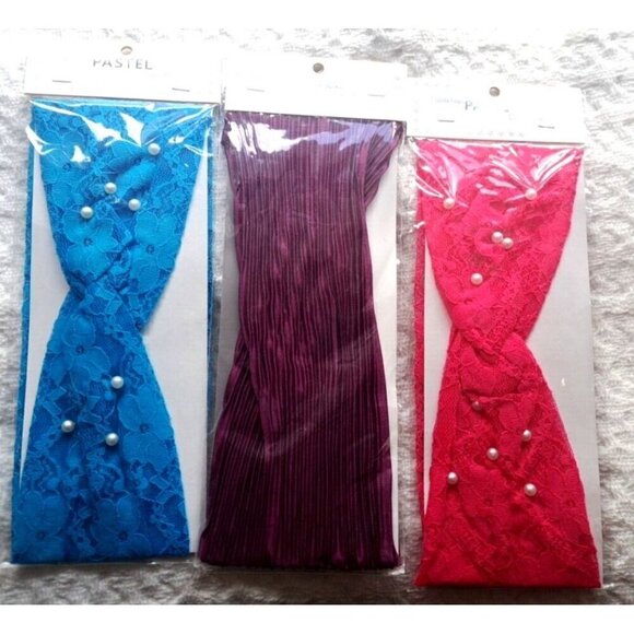 Lot of 3 Stretchy Headbands Lace Pleated Pearls Pink, Blue, Purple New in Packag - Picture 1 of 5